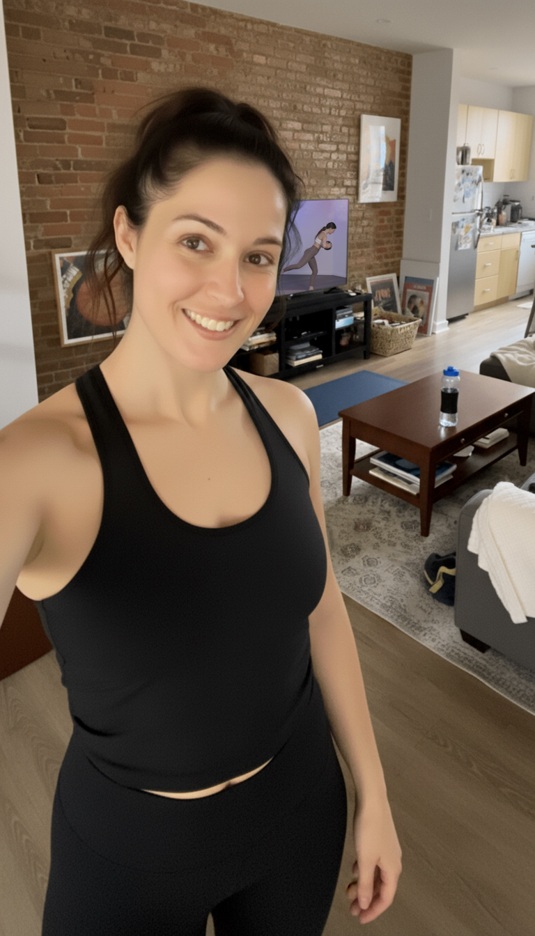 Woman in home workout setting taking selfie